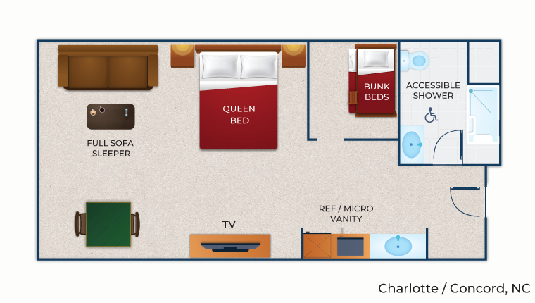 The floor plan in the accessible shower KidCabin Suite